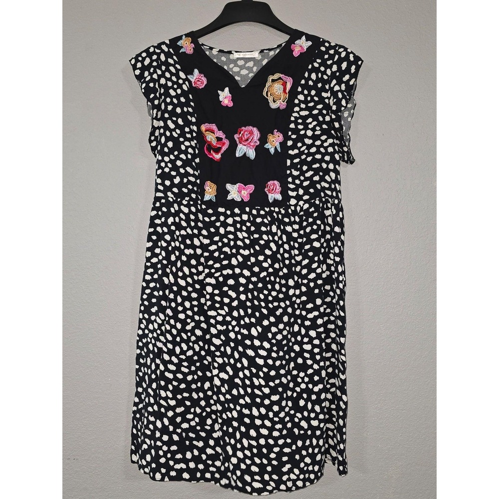 KIRUNDO Dress Womens XL Black Polka Dot Embroidered Floral Fit & Flare